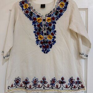 Omja World Womens Embroidered Peasant Tunic Blouse L / XL Colorful Ethnic Top